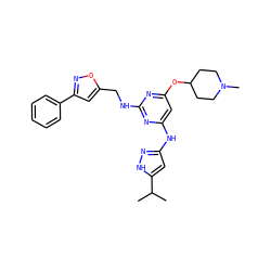 CC(C)c1cc(Nc2cc(OC3CCN(C)CC3)nc(NCc3cc(-c4ccccc4)no3)n2)n[nH]1 ZINC000203008373
