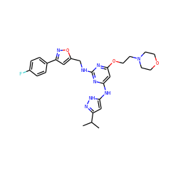 CC(C)c1cc(Nc2cc(OCCN3CCOCC3)nc(NCc3cc(-c4ccc(F)cc4)no3)n2)[nH]n1 ZINC000140902996