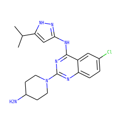 CC(C)c1cc(Nc2nc(N3CCC(N)CC3)nc3ccc(Cl)cc23)n[nH]1 ZINC001772615939