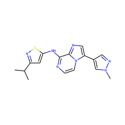 CC(C)c1cc(Nc2nccn3c(-c4cnn(C)c4)cnc23)sn1 ZINC000035824996