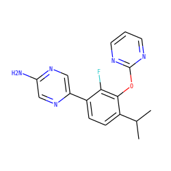 CC(C)c1ccc(-c2cnc(N)cn2)c(F)c1Oc1ncccn1 ZINC000224549642