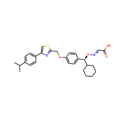 CC(C)c1ccc(-c2csc(COc3ccc([C@@H](O/N=C/C(=O)O)C4CCCCC4)cc3)n2)cc1 ZINC000013557829