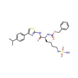 CC(C)c1ccc(-c2csc(NC(=O)[C@H](CCCCNS(N)(=O)=O)NC(=O)OCc3ccccc3)n2)cc1 ZINC000042877865