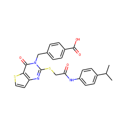 CC(C)c1ccc(NC(=O)CSc2nc3ccsc3c(=O)n2Cc2ccc(C(=O)O)cc2)cc1 ZINC000002932592