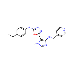 CC(C)c1ccc(Nc2nnc(-c3c(NCc4ccncc4)ncn3C)o2)cc1 ZINC000028571298