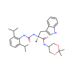 CC(C)c1cccc(C(C)C)c1NC(=O)N[C@@](C)(Cc1c[nH]c2ccccc12)C(=O)NC1COC(C)(C)OC1 ZINC000026639509