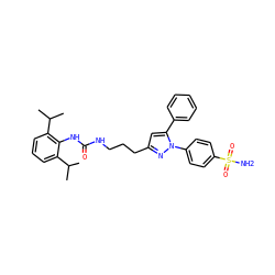 CC(C)c1cccc(C(C)C)c1NC(=O)NCCCc1cc(-c2ccccc2)n(-c2ccc(S(N)(=O)=O)cc2)n1 ZINC000071316168