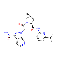 CC(C)c1cccc(NC(=O)[C@@H]2C[C@H]3C[C@H]3N2C(=O)Cn2nc(C(N)=O)c3ccncc32)n1 ZINC000143928590
