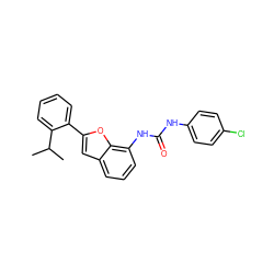 CC(C)c1ccccc1-c1cc2cccc(NC(=O)Nc3ccc(Cl)cc3)c2o1 ZINC000053226593