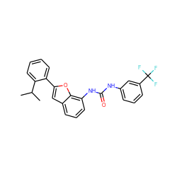 CC(C)c1ccccc1-c1cc2cccc(NC(=O)Nc3cccc(C(F)(F)F)c3)c2o1 ZINC000053298765