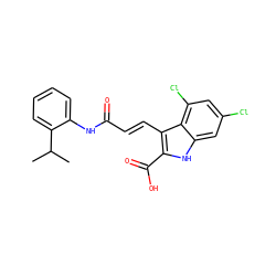 CC(C)c1ccccc1NC(=O)/C=C/c1c(C(=O)O)[nH]c2cc(Cl)cc(Cl)c12 ZINC000013761295