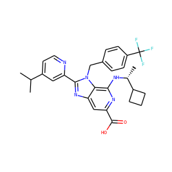 CC(C)c1ccnc(-c2nc3cc(C(=O)O)nc(N[C@H](C)C4CCC4)c3n2Cc2ccc(C(F)(F)F)cc2)c1 ZINC000169708085