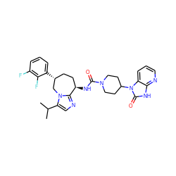 CC(C)c1cnc2n1C[C@H](c1cccc(F)c1F)CC[C@H]2NC(=O)N1CCC(n2c(=O)[nH]c3ncccc32)CC1 ZINC000043129267