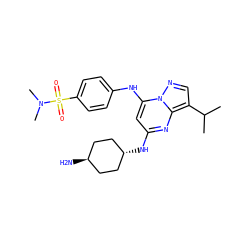 CC(C)c1cnn2c(Nc3ccc(S(=O)(=O)N(C)C)cc3)cc(N[C@H]3CC[C@H](N)CC3)nc12 ZINC000261136417