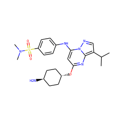 CC(C)c1cnn2c(Nc3ccc(S(=O)(=O)N(C)C)cc3)cc(O[C@H]3CC[C@H](N)CC3)nc12 ZINC000261192775