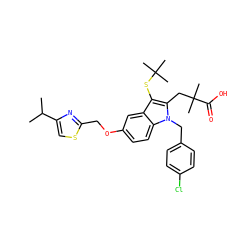 CC(C)c1csc(COc2ccc3c(c2)c(SC(C)(C)C)c(CC(C)(C)C(=O)O)n3Cc2ccc(Cl)cc2)n1 ZINC000001535807