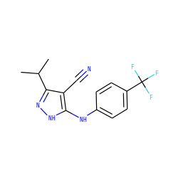 CC(C)c1n[nH]c(Nc2ccc(C(F)(F)F)cc2)c1C#N ZINC000013781027