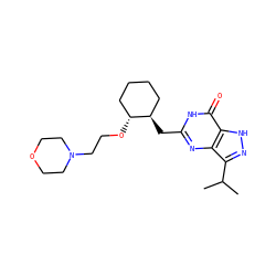 CC(C)c1n[nH]c2c(=O)[nH]c(C[C@@H]3CCCC[C@H]3OCCN3CCOCC3)nc12 ZINC000040395257