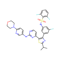 CC(C)c1nc(-c2cc(F)cc(NS(=O)(=O)c3c(F)cccc3F)c2)c(-c2ccnc(Nc3ccc(N4CCOCC4)nc3)n2)s1 ZINC000072176003