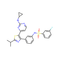 CC(C)c1nc(-c2cccc(NS(=O)(=O)c3cccc(F)c3)c2)c(-c2ccnc(NC3CC3)n2)s1 ZINC000095589714