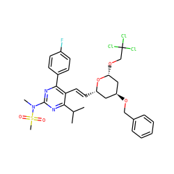 CC(C)c1nc(N(C)S(C)(=O)=O)nc(-c2ccc(F)cc2)c1/C=C/[C@H]1C[C@H](OCc2ccccc2)C[C@@H](OCC(Cl)(Cl)Cl)O1 ZINC001772643793