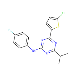 CC(C)c1nc(Nc2ccc(F)cc2)nc(-c2ccc(Cl)s2)n1 ZINC000142944385