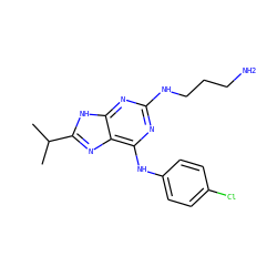 CC(C)c1nc2c(Nc3ccc(Cl)cc3)nc(NCCCN)nc2[nH]1 ZINC000026729809