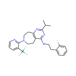 CC(C)c1nc2c(c(NCCc3ccccc3F)n1)CCN(c1ncccc1C(F)(F)F)CC2 ZINC000144405173