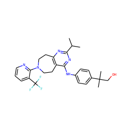 CC(C)c1nc2c(c(Nc3ccc(C(C)(C)CO)cc3)n1)CCN(c1ncccc1C(F)(F)F)CC2 ZINC000144483748