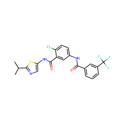 CC(C)c1ncc(NC(=O)c2cc(NC(=O)c3cccc(C(F)(F)F)c3)ccc2Cl)s1 ZINC000040913728