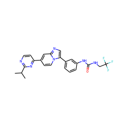 CC(C)c1nccc(-c2ccn3c(-c4cccc(NC(=O)NCC(F)(F)F)c4)cnc3c2)n1 ZINC000169704694
