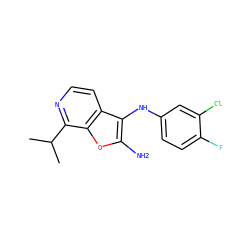 CC(C)c1nccc2c(Nc3ccc(F)c(Cl)c3)c(N)oc12 ZINC000222993869