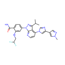 CC(C)c1nn(-c2ccc(C(N)=O)c(NCC(F)F)c2)c2nccc(-n3cnc(-c4cnn(C)c4)c3)c12 ZINC000169703518