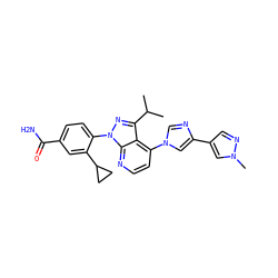 CC(C)c1nn(-c2ccc(C(N)=O)cc2C2CC2)c2nccc(-n3cnc(-c4cnn(C)c4)c3)c12 ZINC000169703512