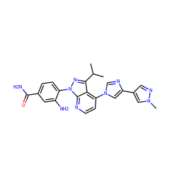 CC(C)c1nn(-c2ccc(C(N)=O)cc2N)c2nccc(-n3cnc(-c4cnn(C)c4)c3)c12 ZINC000169703514