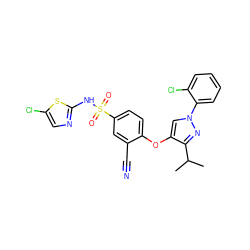 CC(C)c1nn(-c2ccccc2Cl)cc1Oc1ccc(S(=O)(=O)Nc2ncc(Cl)s2)cc1C#N ZINC000095585040
