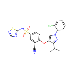 CC(C)c1nn(-c2ccccc2Cl)cc1Oc1ccc(S(=O)(=O)Nc2ncns2)cc1C#N ZINC000095585140