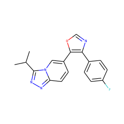 CC(C)c1nnc2ccc(-c3ocnc3-c3ccc(F)cc3)cn12 ZINC000001491604