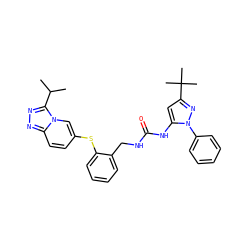 CC(C)c1nnc2ccc(Sc3ccccc3CNC(=O)Nc3cc(C(C)(C)C)nn3-c3ccccc3)cn12 ZINC000073223569
