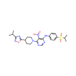 CC(C)c1noc(C2CCN(c3ncnc(Nc4ccc(S(=O)(=O)C(C)C)cc4)c3[N+](=O)[O-])CC2)n1 ZINC000040867229