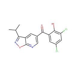 CC(C)c1noc2ncc(C(=O)c3cc(Cl)cc(Cl)c3O)cc12 ZINC000002631638