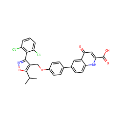 CC(C)c1onc(-c2c(Cl)cccc2Cl)c1COc1ccc(-c2ccc3[nH]c(C(=O)O)cc(=O)c3c2)cc1 ZINC000066080126