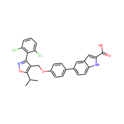 CC(C)c1onc(-c2c(Cl)cccc2Cl)c1COc1ccc(-c2ccc3[nH]c(C(=O)O)cc3c2)cc1 ZINC000072125913