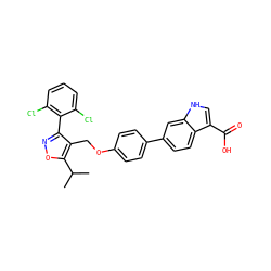 CC(C)c1onc(-c2c(Cl)cccc2Cl)c1COc1ccc(-c2ccc3c(C(=O)O)c[nH]c3c2)cc1 ZINC000072126044