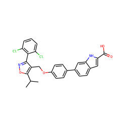 CC(C)c1onc(-c2c(Cl)cccc2Cl)c1COc1ccc(-c2ccc3cc(C(=O)O)[nH]c3c2)cc1 ZINC000072125848