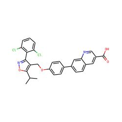 CC(C)c1onc(-c2c(Cl)cccc2Cl)c1COc1ccc(-c2ccc3cc(C(=O)O)cnc3c2)cc1 ZINC000066078425