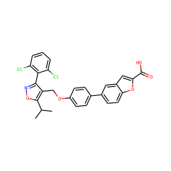 CC(C)c1onc(-c2c(Cl)cccc2Cl)c1COc1ccc(-c2ccc3oc(C(=O)O)cc3c2)cc1 ZINC000072125912
