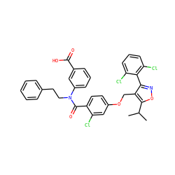 CC(C)c1onc(-c2c(Cl)cccc2Cl)c1COc1ccc(C(=O)N(CCc2ccccc2)c2cccc(C(=O)O)c2)c(Cl)c1 ZINC000028816332