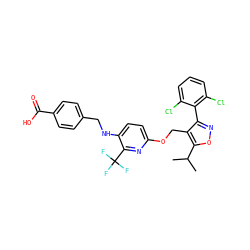 CC(C)c1onc(-c2c(Cl)cccc2Cl)c1COc1ccc(NCc2ccc(C(=O)O)cc2)c(C(F)(F)F)n1 ZINC000058538443