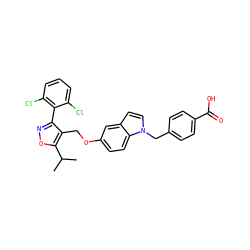 CC(C)c1onc(-c2c(Cl)cccc2Cl)c1COc1ccc2c(ccn2Cc2ccc(C(=O)O)cc2)c1 ZINC000043077373